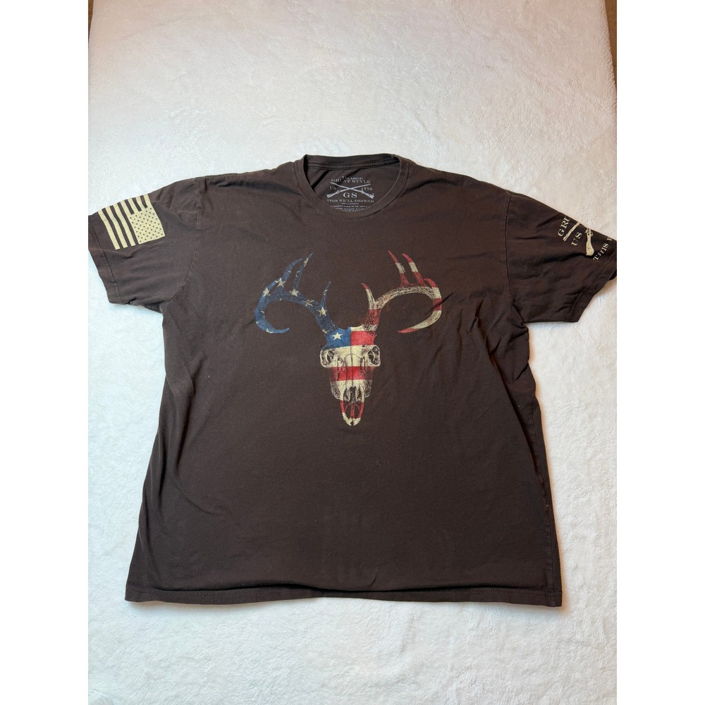 Grunt Style Mens XXL Brown Deer Skull American Flag Graphic T-Shirt Cotton
